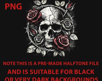 Vintage Gothic Skull & Roses Halftone PNG: Dark Apparel Design