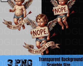 Anti-Valentin PNG | Design à sublimation sarcastique Cupidon grincheux | Art numérique chérubin noir | Saint Valentin amusant NOPE Cupidon