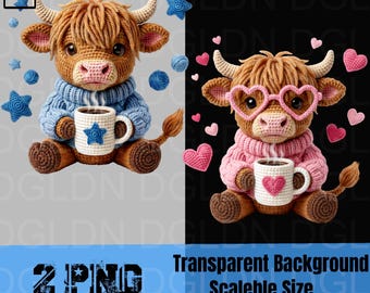 Vache Highland de la Saint-Valentin PNG | Sublimation vache coquette | Clipart vache Amigurumi au crochet | Design de tasse à café rose | Art occidental de la Saint-Valentin