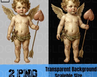 Vintage Cupidon PNG | Clipart chérubin classique | Graphique d'ange de la Renaissance | Baguette coeur Saint-Valentin | Illustration beaux-arts baroque romantique