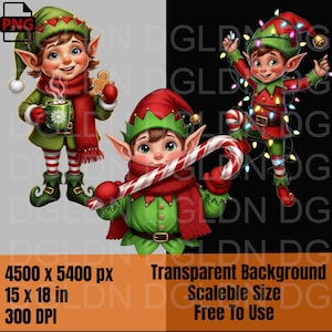 Puede incluir: Tres duendes de dibujos animados con trajes festivos. Uno sostiene una taza con un diseño de copo de nieve y un hombre de jengibre. Otro duende sostiene un bastón de caramelo. El tercer duende está envuelto en luces navideñas. Todos los duendes usan ropa verde y roja.