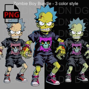 Zombie Boy Digital Art – Multiple Color Styles, High-Quality PNG, Grunge Cartoon Illustration for Sublimation & DTF Printing