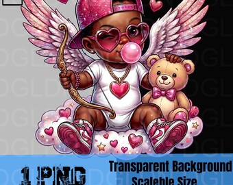 Cupidon bébé PNG Clipart | Ange mélanine Cupidon | Lunettes de soleil coeur ours en peluche | Conception d'autocollants à sublimation pour la Saint-Valentin