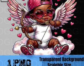 Cupidon noir PNG Clipart | Coeur-Lunettes Angel Baby | Ailes et noeud streetwear | Sticker sublimation Saint-Valentin