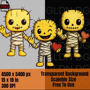 Voodoo Doll PNG Cute Mummy Clipart Set – 3 Transparent Designs for Sublimation, Stickers, T-Shirts, Halloween Crafts | Digital Download