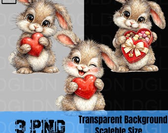 Lapin de la Saint-Valentin PNG | Sublimation de lapin mignon | Clipart lapin aquarelle | 300 ppp sur fond transparent | Cadeau Saint-Valentin pour enfants