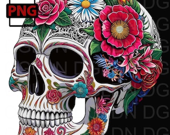 Floral Skull Watercolor Clipart: High-Res Skull PNG Bundle (Commercial Use)
