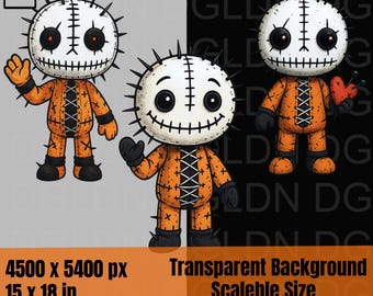 Pacchetto PNG bambola voodoo - Clipart di Halloween spaventoso e carino, 3 file trasparenti da 300 DPI, adesivi stampabili per magliette con stampa a sublimazione, 4500x5400