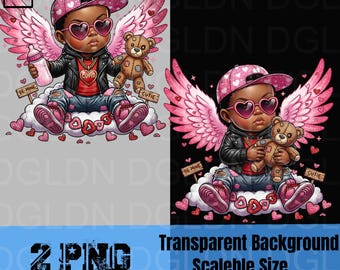 Design par sublimation PNG Cupidon noir | Urban Saint-Valentin bébé garçon | Clipart Saint-Valentin mélanine | Ours en peluche hip-hop | Cupidon rose bling bling