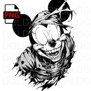 May include: Black and white illustration of a cartoon mouse with a stitched-up face and a menacing grin. The mouse is wearing a tattered bandana and has large ears. The background is a black and white splatter pattern.