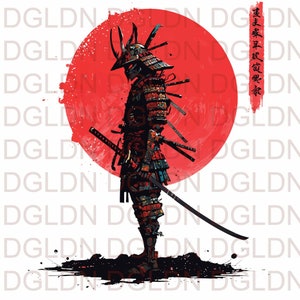 Samurai Warrior PNG / Arte digitale giapponese Bushido / Clipart samurai sole rosso / Design katana Giappone feudale