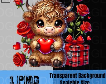 Vache Highland de la Saint-Valentin PNG | Clipart vache mignon avec coeur et roses | Conception par sublimation de vache Highland | Art romantique de vache de ferme | DTF