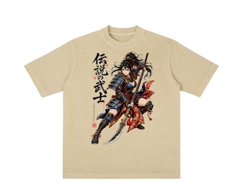 女性侍戦士Tシャツ、ヘビーウェイト350GSMオーバーサイズTシャツ、日本の浪人グラフィックシャツ、ウォッシュ加工ストリートウェアTシャツ