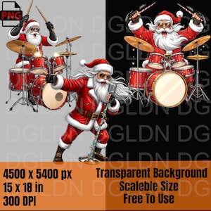 Puede incluir: Ilustración digital de Papá Noel tocando una batería roja y cantando a un micrófono. La imagen incluye el texto "4500 x 5400 px", "15 x 18 in", "300 DPI", "Transparent Background", "Scaleble Size" y "Free To Use".