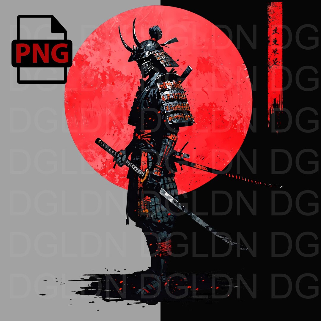 Japanese Samurai Warrior Digital PNG Art | Red Moon Design for T-shirts ...