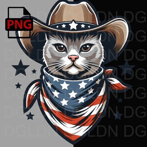 Gato vaquero PNG: Pañuelo con estrellas y rayas patrióticas, arte digital para camisetas, tazas, sublimación, 4500 x 5400 px, 300 DPI