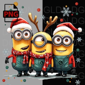 Festive Minion-Themed Christmas Digital PNG | Santa and Reindeer Characters Clipart for T-Shirts, Mugs, Cards, Stickers | Holiday Art