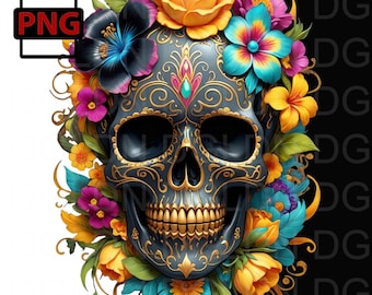 Floral Skull PNG: High-Res Watercolor Clipart (Digital Download)