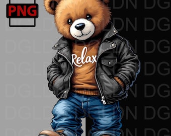 May include: A brown teddy bear wearing a black leather jacket, blue jeans, and brown boots. The bear has a relaxed expression and is wearing a brown shirt with the word "Relax" printed on it.