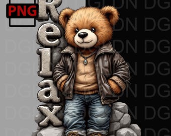 May include: A brown teddy bear wearing a brown leather jacket, blue jeans, and white sneakers. The bear is standing next to a gray stone with the word "Relax" written on it.