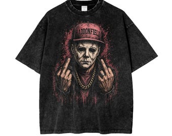 ヴィンテージホラーTシャツ、マスクドスラッシャーグラフィックTシャツ、オーバーサイズスノーウォッシュシャツ、ダメージ加工ホラーストリートウェア、ヘビーウェイト250GSM Tシャツ