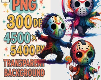 Hockey Mask Slasher Chibi PNG Bundle – 3 Transparent 300 DPI Files, 4500x5400 px Clipart for Sublimation, Stickers, Print Then Cut
