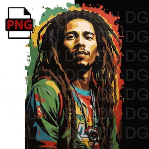 May include: A digital illustration of Bob Marley, a reggae musician, with long dreadlocks. He is wearing a green, yellow and red shirt with a gold chain and a camera around his neck. The background is black and green.