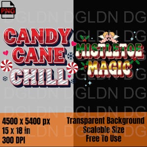 Może przedstawiać: Świąteczna grafika z napisami "Candy Cane Chill" i "Mistletoe Magic" w stylu retro. Projekt zawiera laski cukrowe, płatki śniegu, serca i cherubiny, idealny do produktów o tematyce świątecznej.