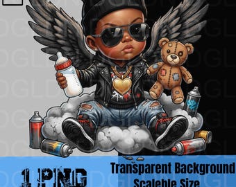 Petit garçon ange urbain PNG | Clipart bébé streetwear hip hop | Déco bébé noir Dope | Art graffiti pour chambre de bébé | Conception numérique par sublimation