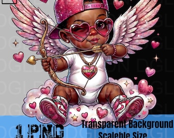 Cupidon bébé PNG Clipart | Cupidon noir Saint-Valentin | Lunettes de soleil coeur Ailes d'ange | Conception d'autocollants par sublimation