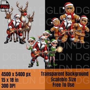 Puede incluir: Ilustración digital de Papá Noel, renos, elfos y hombres de jengibre tocando instrumentos musicales. Los personajes llevan gafas de sol y atuendos festivos. La imagen tiene un fondo transparente y texto que indica dimensiones y resolución.