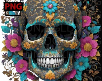 Floral Skull Watercolor Clipart: High-Res PNG (Digital Download)
