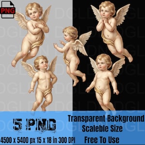 Puede incluir: Cinco ilustraciones de querubines alados, de estilo clásico. Las figuras son desnudas, con piel dorada y cabello rubio. La imagen incluye el texto "5 PNG" y "Transparent Background".