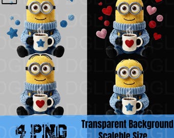 Amateur de café au crochet PNG | Oeuvre d'art de poupée ouvrier jaune Amigurumi | Mug coeur Saint-Valentin | Cosy Yarnie Sublimation Téléchargement numérique