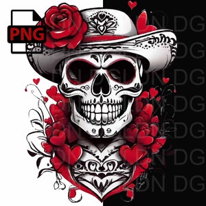Sugar Skull PNG: Red Roses & Hearts Gothic Clipart (Digital Download)
