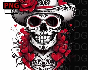 May include: A detailed illustration of a sugar skull wearing a white hat adorned with a red rose. The skull is decorated with intricate black and white patterns, surrounded by red hearts and floral elements. The background is split, with a black and white contrast.