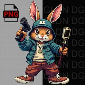 Urban Hip Hop Bunny with Microphone & Camera – Trendy Digital Download PNG for T-shirts, Hoodies, Posters, Merch
