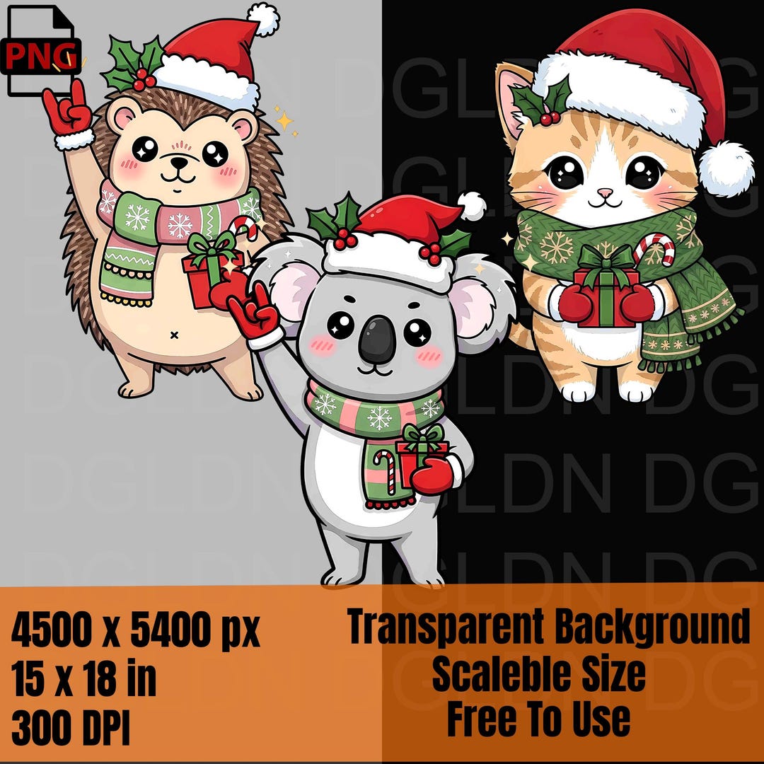 Christmas PNG Bundle – Kawaii Animal Clipart, 3 Transparent 300 DPI ...