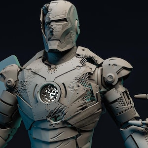 May include: A detailed, gray-toned sculpture of a battle-damaged Iron Man suit. The armor shows intricate mechanical details, with visible damage revealing internal components. The figure is posed, showcasing the suit's design and battle scars.