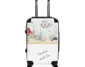 Maleta con diseño de vida marina submarina / Modo vacaciones activado, equipaje de viaje con diseño de submarino pulpo