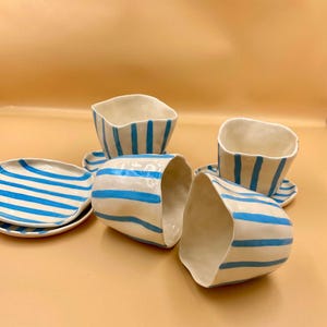 Handless Striped Ceramic Mug and Saucer Set