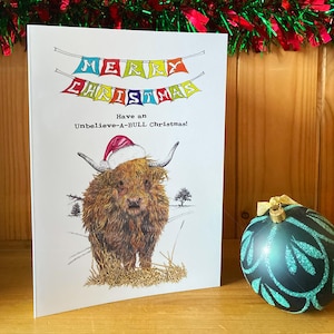 Stier Weihnachtskarte | Handgezeichnete Weihnachtskarten | Ursprüngliches Design | Lustige Weihnachtskarten | Tierische Weihnachtskarten