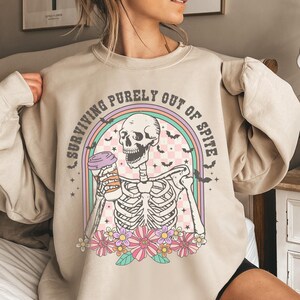 Surviving Purely Out Of Spite Sweatshirt, Halloween Sweater, Vintage Look, Funny Goth Celestial Skeleton Shirt, Funny Halloween Sweatshirt