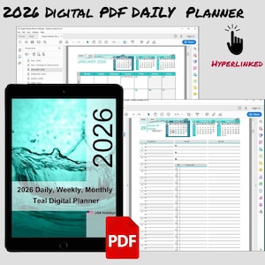 Op de afbeelding: Een digitale PDF-dagplanner voor 2026, weergegeven op een tablet en computerscherm. De teal-gekleurde planner bevat dagelijkse, wekelijkse en maandelijkse weergaven. Het PDF-document is gelabeld met de tekst "2026 DIGITAL PDF DAILY PLANNER" en "HYPERLINKED".