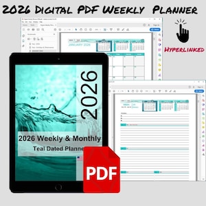 Op de afbeelding: Een digitale 2026 wekelijkse en maandelijkse planner weergegeven op een tablet en computerschermen. De planner heeft een teal kleurenschema en bevat een PDF-pictogram. De tekst op de tablet luidt "2026 Weekly & Monthly Teal Dated Planner."