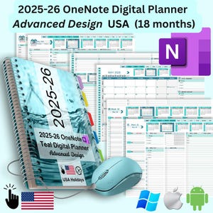 OneNote Digital Planner Dated Hyperlinked 2025-26 for Microsoft Windows, Surface Pro, Apple Mac iOS iPad, Samsung Galaxy, and Android Tablet