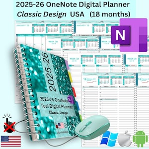 Planificador OneNote digital basado en la nube (fecha 2025-26): compatible con Microsoft Windows, Surface Pro, Mac, iPad, Samsung Galaxy y Android.