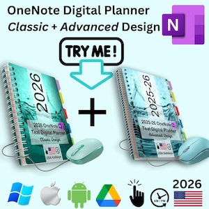 May include: A digital planner with the text "OneNote Digital Planner Classic + Advanced Design" and "TRY ME!". The image shows two teal spiral-bound planners, one labeled "2026" and the other "2025-26", with matching teal computer mice. The American flag is also visible.