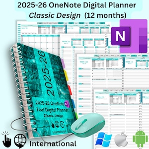 May include: A teal digital planner for 2025-26 with a classic design, featuring a spiral binding and the text "2025-26 OneNote Teal Digital Planner Classic Design." The image includes a computer mouse and icons for various operating systems.