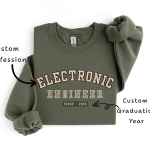 May include: An olive green sweatshirt featuring the text "ELECTRONIC ENGINEER" in a beige, collegiate-style font. Below the text is "SINCE - 2025". The sweatshirt has a crew neck and rolled-up sleeves.